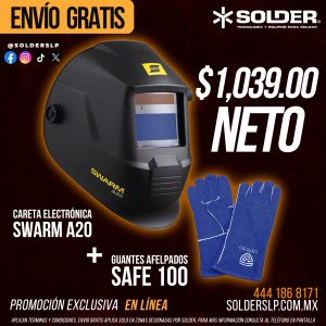 Careta Electrónica ESAB SWARM A20 + Guantes Afelpados Azul Safe 100