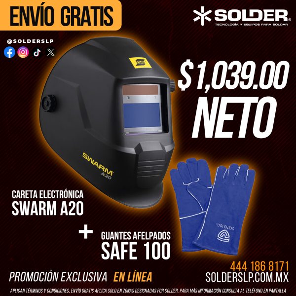 Careta Electrónica ESAB SWARM A20 + Guantes Afelpados Azul Safe 100