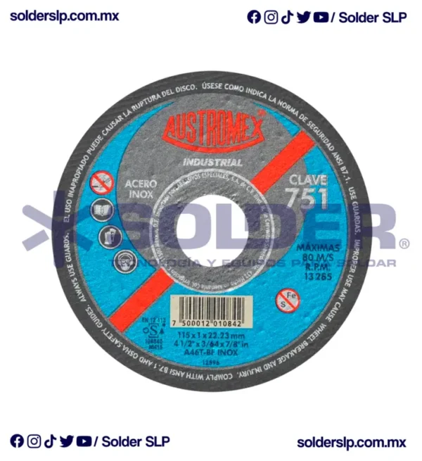 Disco De Corte 4-1/2" Para Acero Inox Cod. Aus-751