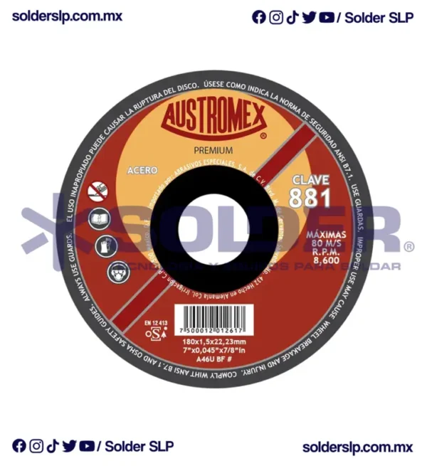 Disco De Corte De Metal 7" X 5/64 X 7/8 Cod. Aus 881