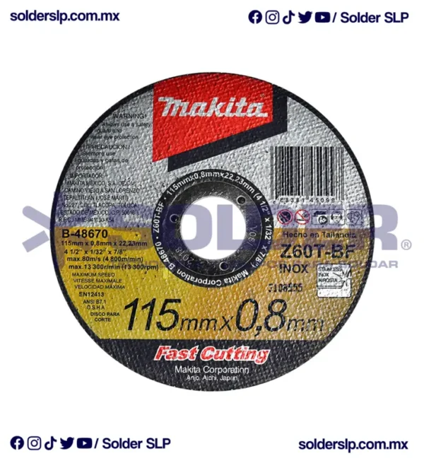 Disco De Corte 4 1/2" Makita De Inoxidable Plano Cod. B-48670
